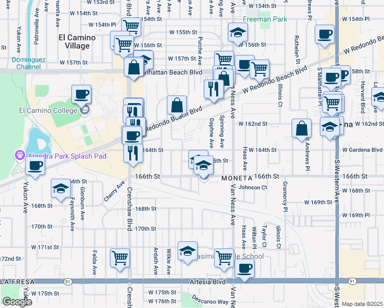 map of restaurants, bars, coffee shops, grocery stores, and more near 2516 West 164th Street in Torrance