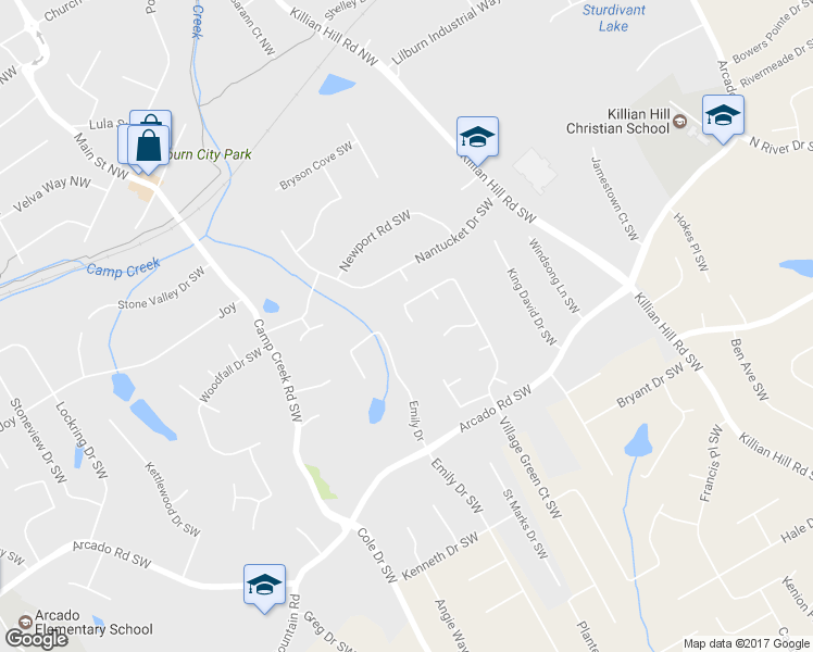 map of restaurants, bars, coffee shops, grocery stores, and more near 30 Village Green Court Southwest in Lilburn
