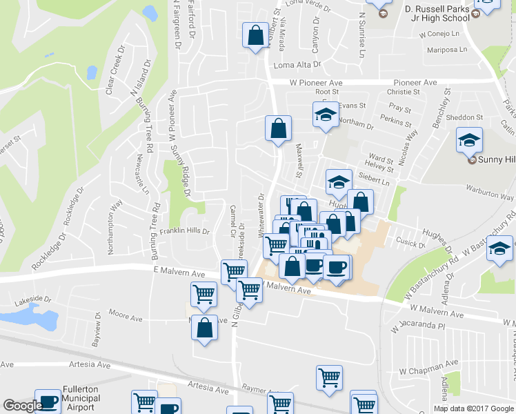 map of restaurants, bars, coffee shops, grocery stores, and more near 1037 Whitewater Drive in Fullerton