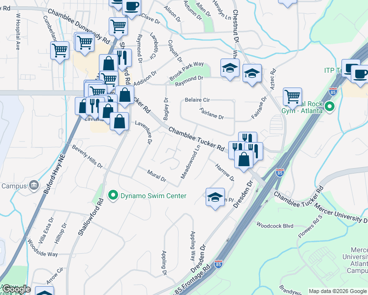 map of restaurants, bars, coffee shops, grocery stores, and more near 2651 Meadow Court in Chamblee