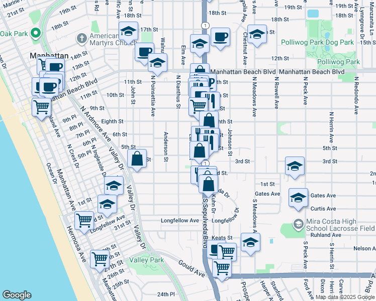 map of restaurants, bars, coffee shops, grocery stores, and more near 309 Larsson Street in Manhattan Beach