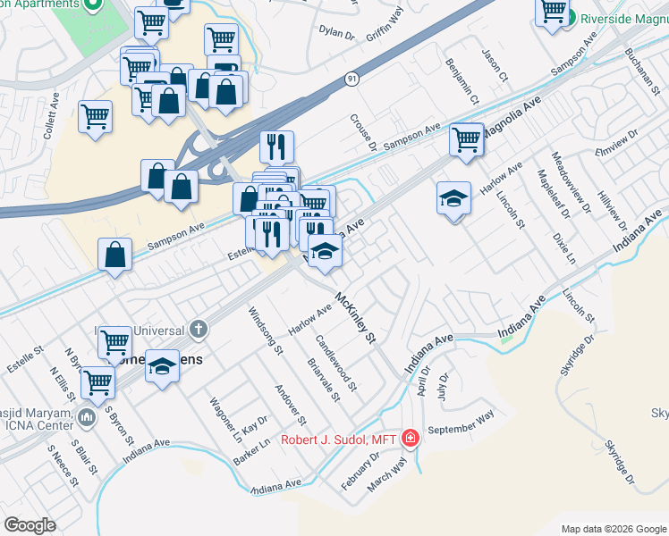 map of restaurants, bars, coffee shops, grocery stores, and more near 3777 Avenida Barbados in Riverside