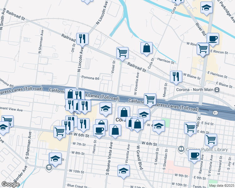map of restaurants, bars, coffee shops, grocery stores, and more near 112 North Buena Vista Avenue in Corona