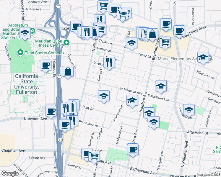 map of restaurants, bars, coffee shops, grocery stores, and more near 525 West Madison Avenue in Placentia
