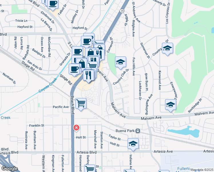 map of restaurants, bars, coffee shops, grocery stores, and more near 5400 Malvern Avenue in Buena Park