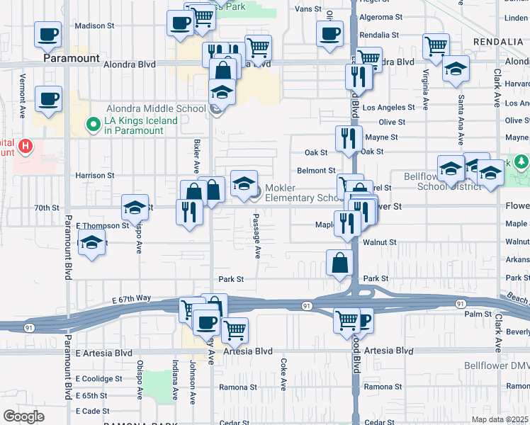 map of restaurants, bars, coffee shops, grocery stores, and more near 24 Flower Street in Bellflower