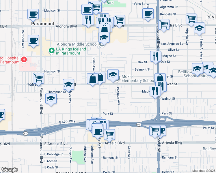 map of restaurants, bars, coffee shops, grocery stores, and more near 8524 Flower Street in Paramount