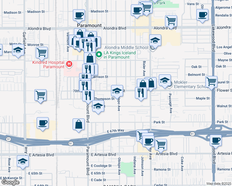 map of restaurants, bars, coffee shops, grocery stores, and more near 3064 70th Street in Long Beach
