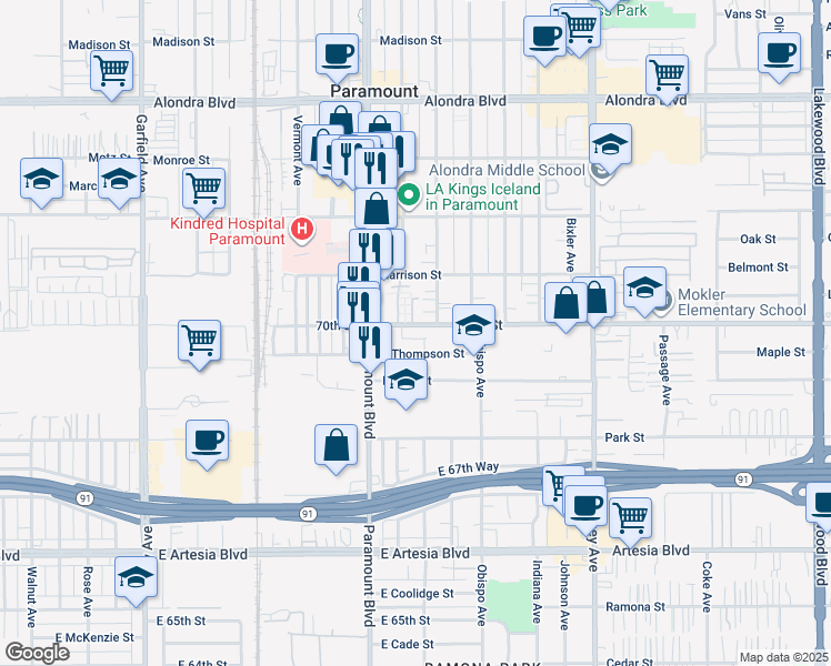 map of restaurants, bars, coffee shops, grocery stores, and more near 8063 70th Street in Paramount