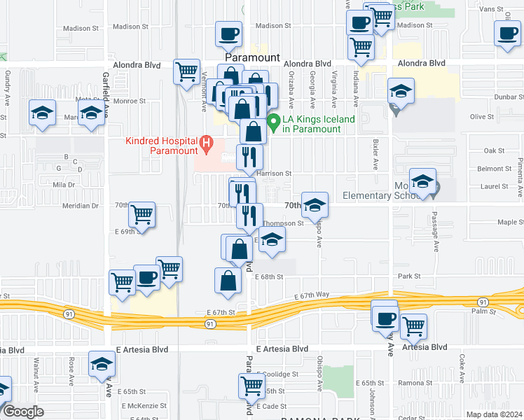 map of restaurants, bars, coffee shops, grocery stores, and more near 2820 70th Street in Long Beach