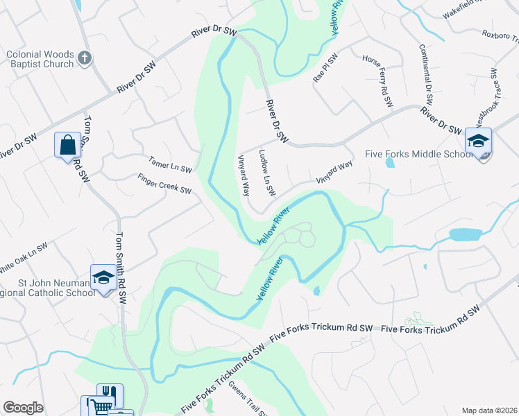 map of restaurants, bars, coffee shops, grocery stores, and more near 3642 Vinyard Way in Lawrenceville