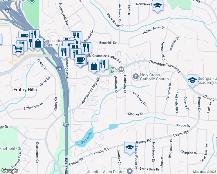 map of restaurants, bars, coffee shops, grocery stores, and more near 3162 Nottaway Court in Chamblee