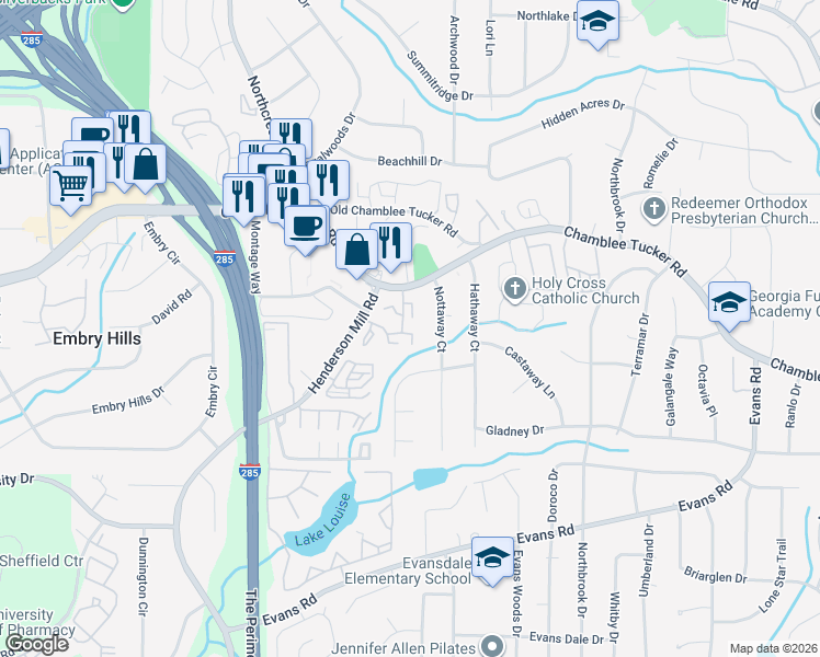 map of restaurants, bars, coffee shops, grocery stores, and more near 3162 Nottaway Court in Chamblee