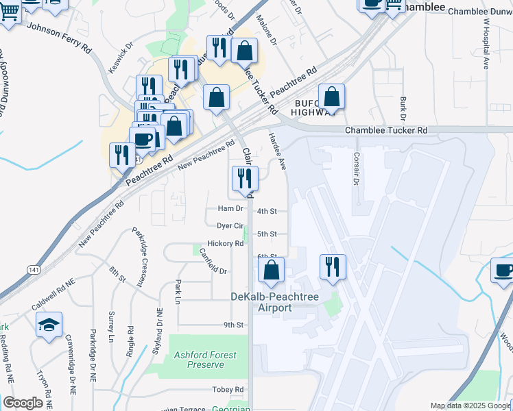 map of restaurants, bars, coffee shops, grocery stores, and more near 4105 Clairmont Road in Chamblee