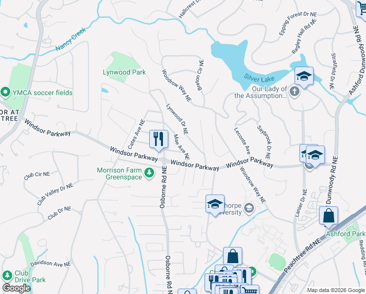 map of restaurants, bars, coffee shops, grocery stores, and more near 3163 Mae Avenue Northeast in Atlanta