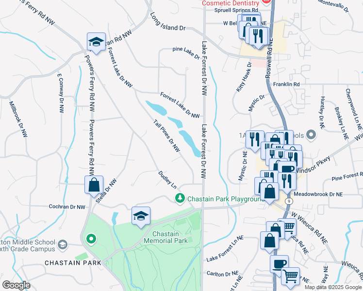map of restaurants, bars, coffee shops, grocery stores, and more near 4601 Tall Pines Drive Northwest in Atlanta