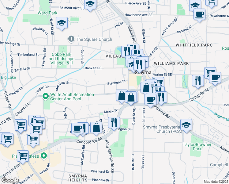 map of restaurants, bars, coffee shops, grocery stores, and more near 2924 Davis Street in Smyrna