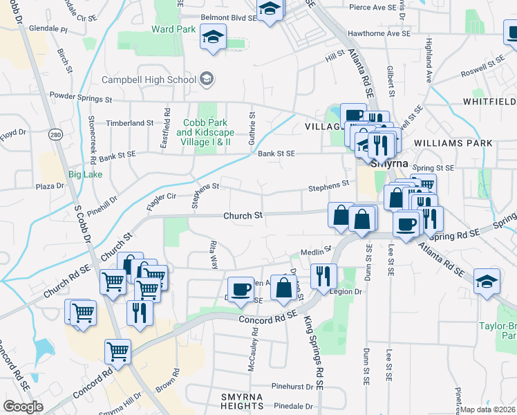 map of restaurants, bars, coffee shops, grocery stores, and more near 2933 Mann Street in Smyrna