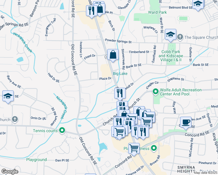 map of restaurants, bars, coffee shops, grocery stores, and more near 15 Plaza Drive in Smyrna