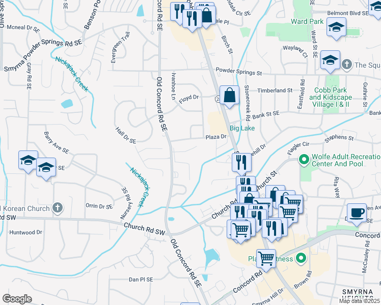map of restaurants, bars, coffee shops, grocery stores, and more near 570 Plaza Drive Southeast in Smyrna