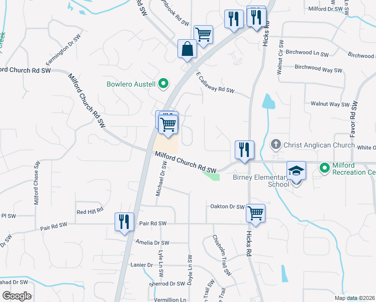 map of restaurants, bars, coffee shops, grocery stores, and more near 3062 Crest Ridge Circle Southwest in Marietta