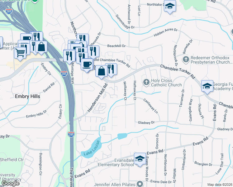 map of restaurants, bars, coffee shops, grocery stores, and more near 3162 Nottaway Court in Chamblee