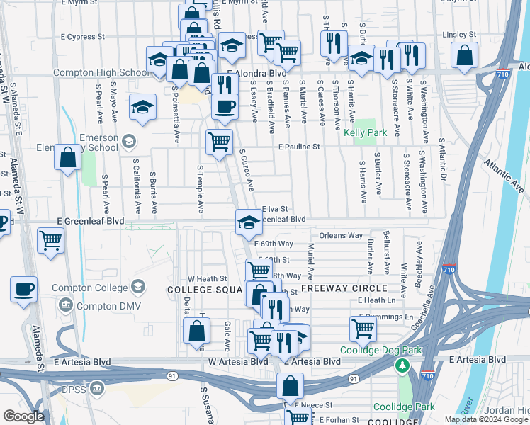 map of restaurants, bars, coffee shops, grocery stores, and more near 3712 East Iva Street in Compton