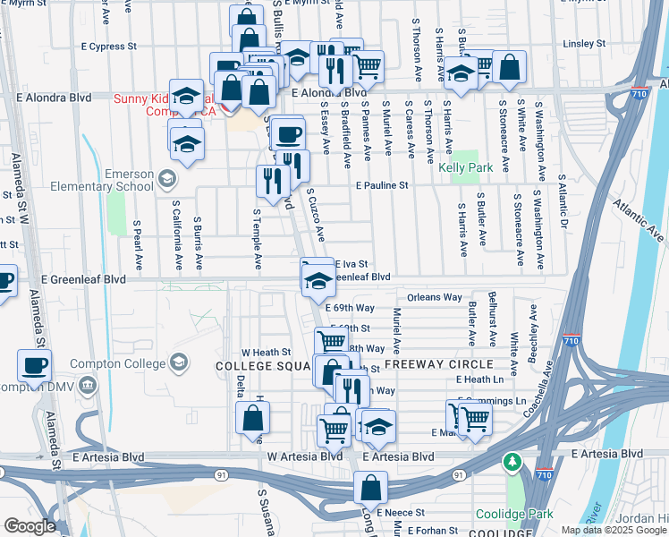 map of restaurants, bars, coffee shops, grocery stores, and more near 3704 East Iva Street in Compton