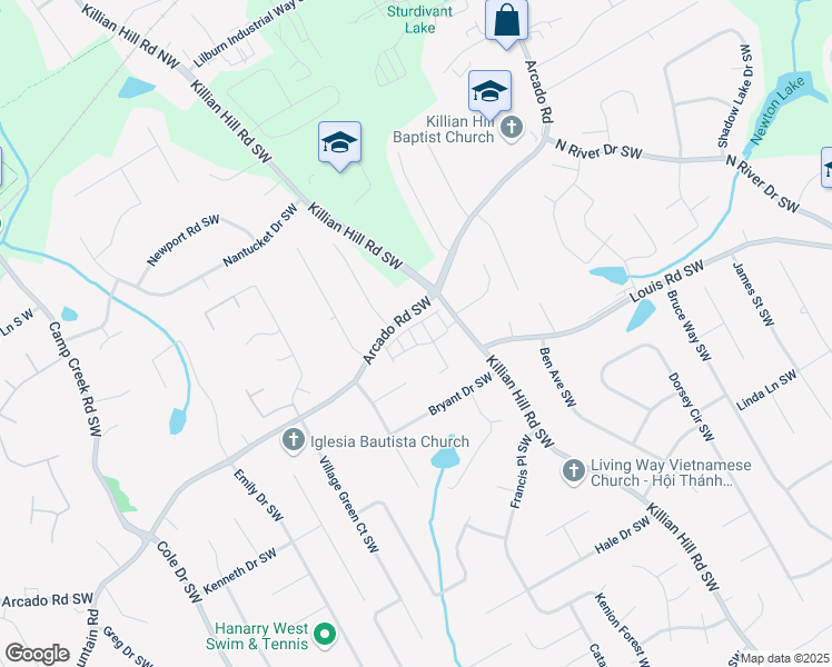 map of restaurants, bars, coffee shops, grocery stores, and more near 4452 Arcado Road Southwest in Lilburn
