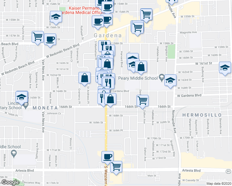 map of restaurants, bars, coffee shops, grocery stores, and more near 1730 West Gardena Boulevard in Gardena