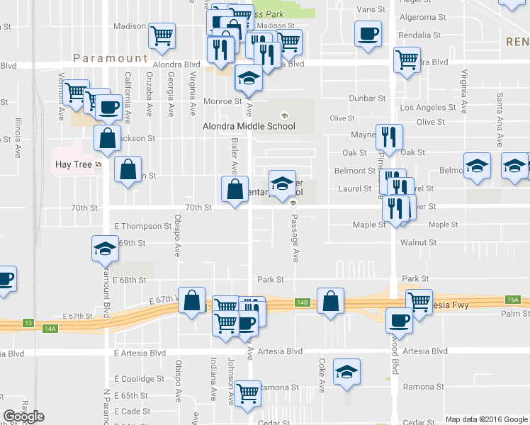 map of restaurants, bars, coffee shops, grocery stores, and more near 8524 Flower Street in Paramount