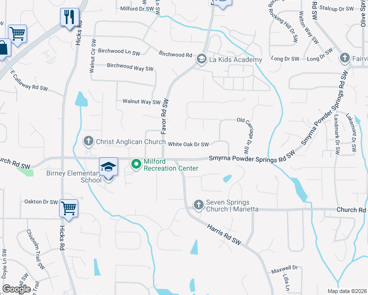 map of restaurants, bars, coffee shops, grocery stores, and more near 537 White Oak Drive Southwest in Marietta