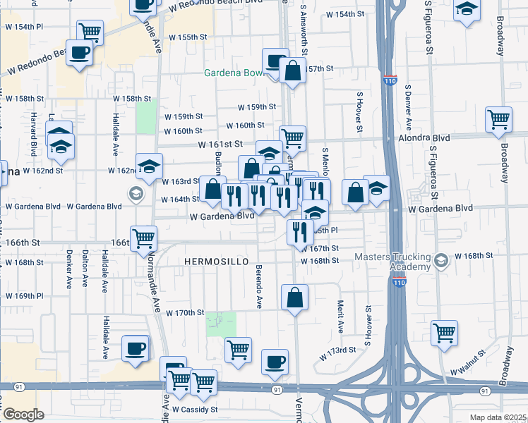 map of restaurants, bars, coffee shops, grocery stores, and more near 1045 West Gardena Boulevard in Gardena