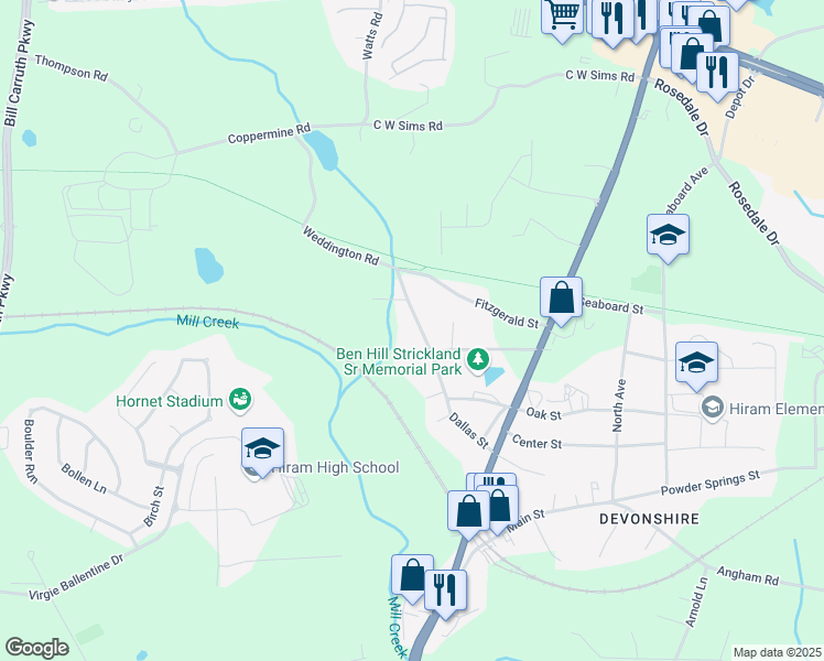 map of restaurants, bars, coffee shops, grocery stores, and more near 471 Dallas Street in Hiram