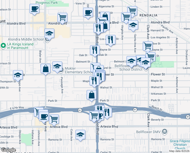 map of restaurants, bars, coffee shops, grocery stores, and more near 8858 Flower Street in Bellflower