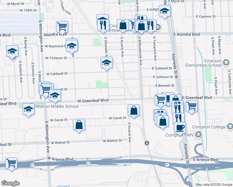 map of restaurants, bars, coffee shops, grocery stores, and more near 325 West Glencoe Street in Compton