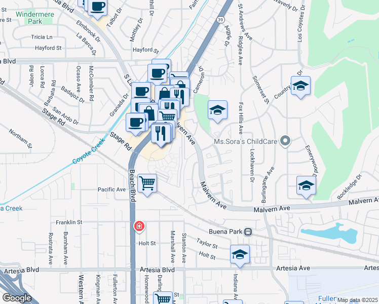 map of restaurants, bars, coffee shops, grocery stores, and more near 5400 Malvern Avenue in Buena Park