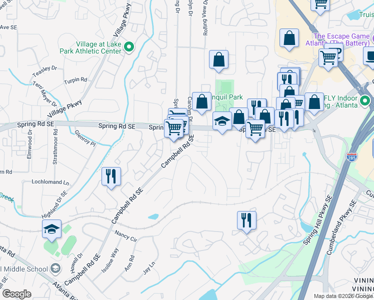 map of restaurants, bars, coffee shops, grocery stores, and more near 1148 Drewsbury Court Southeast in Smyrna