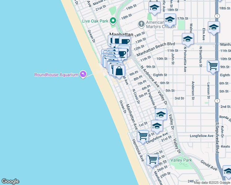 map of restaurants, bars, coffee shops, grocery stores, and more near 716 The Strand in Manhattan Beach