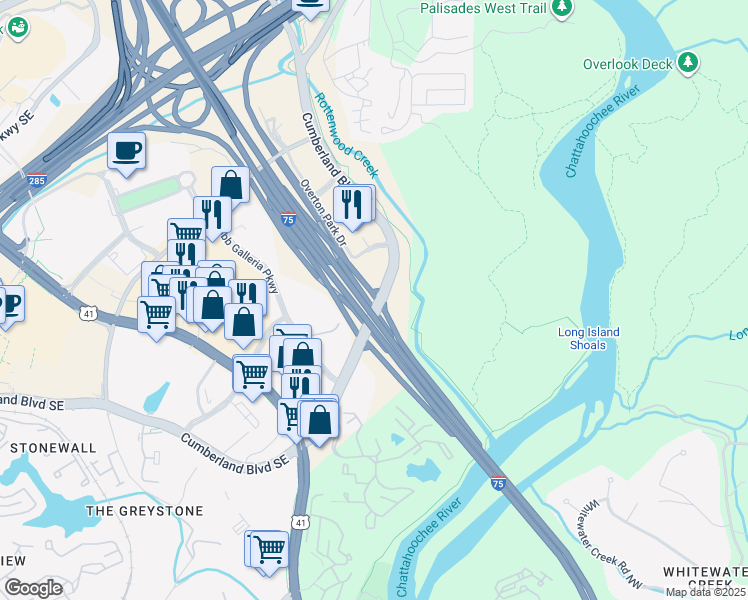 map of restaurants, bars, coffee shops, grocery stores, and more near 384 Cumberland Boulevard Southeast in Atlanta