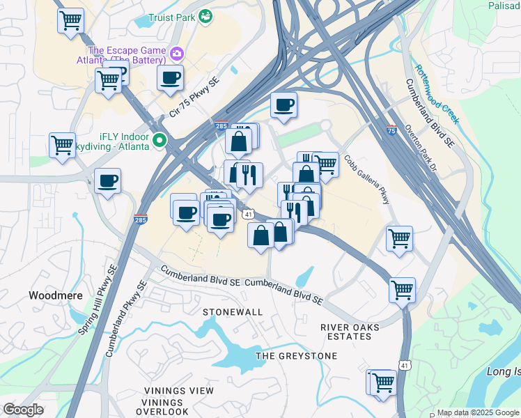 map of restaurants, bars, coffee shops, grocery stores, and more near 2905 Cobb Parkway Southeast in Smyrna