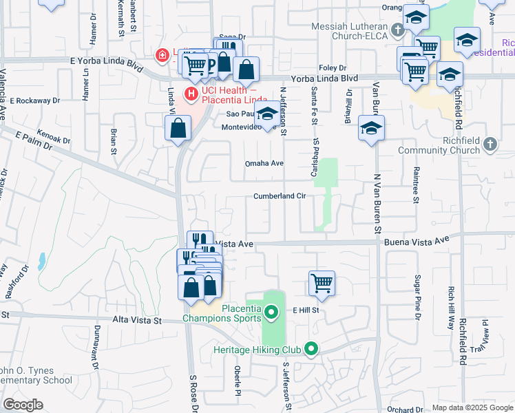 map of restaurants, bars, coffee shops, grocery stores, and more near 16927 Norfolk Circle in Yorba Linda