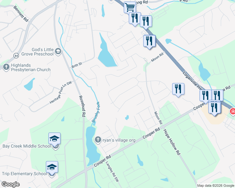 map of restaurants, bars, coffee shops, grocery stores, and more near 623 Besra Drive in Grayson