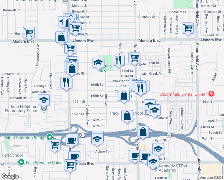 map of restaurants, bars, coffee shops, grocery stores, and more near 12002 164th Street in Norwalk