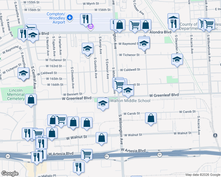 map of restaurants, bars, coffee shops, grocery stores, and more near 1417 South Whitemarsh Avenue in Compton
