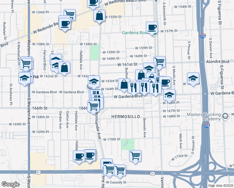 map of restaurants, bars, coffee shops, grocery stores, and more near 1233 West Gardena Boulevard in Gardena