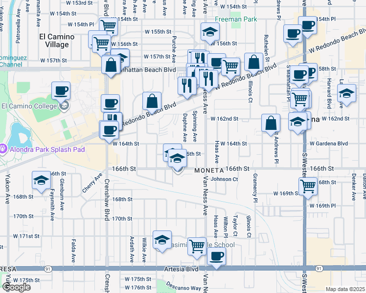 map of restaurants, bars, coffee shops, grocery stores, and more near 2411 West 164th Street in Torrance