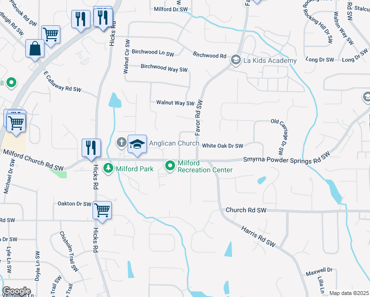 map of restaurants, bars, coffee shops, grocery stores, and more near 2938 Favor Road Southwest in Marietta