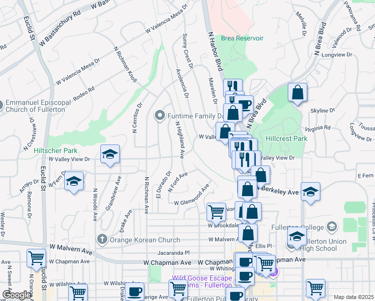map of restaurants, bars, coffee shops, grocery stores, and more near 1008 North Highland Avenue in Fullerton