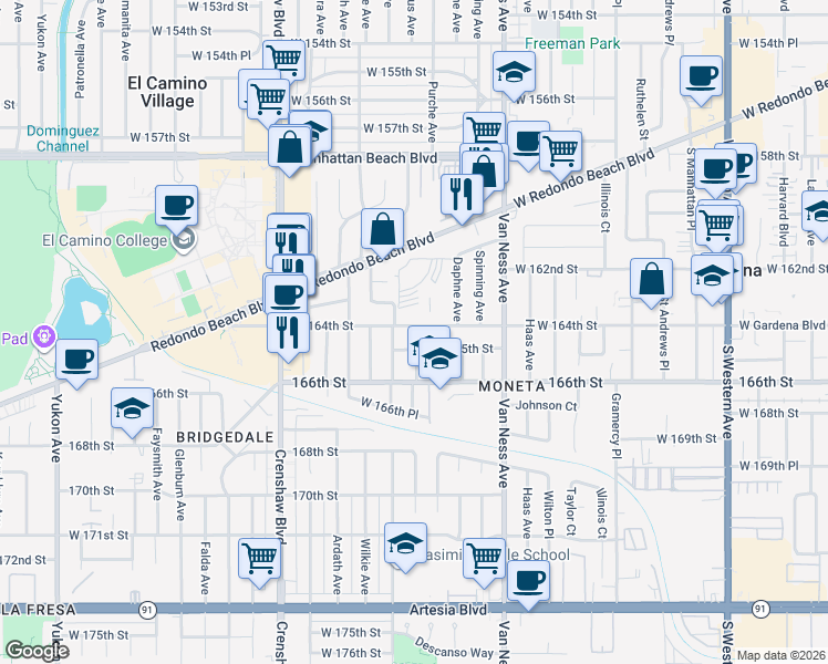 map of restaurants, bars, coffee shops, grocery stores, and more near 2516 West 164th Street in Torrance